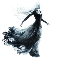 Fototapeta premium A ghostly mermaid, Halloween theme, with flowing white hair, eerie glow, isolated on white background
