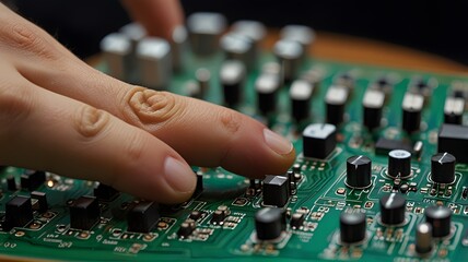Engineer Adjusting Circuit Board with Precision and Careful Focus