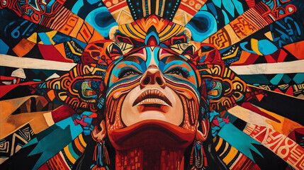 Obraz premium A vibrant and intricate artwork of a human face, seemingly in a side profile. The face is adorned with a headdress that radiates outwards in a burst of colorful geometric shapes and patterns.