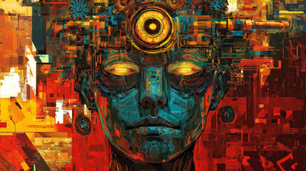 Fototapeta premium Vibrant and intricate depiction of a human face, seemingly a fusion of mechanical and organic elements. The face is adorned with a crown-like structure of gears, pipes, and other mechanical components
