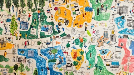 Obraz premium Whimsical Illustrated City Map with Vibrant Cartoon Buildings and Shops