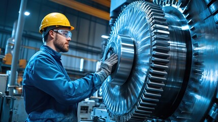 A technician in protective gear performing a safety inspection on factory machines in a manufacturing facility