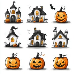Fototapeta premium Spooky Halloween 2D Cartoon Icon Set with Spiders, Jack-o-Lanterns, and Haunted Houses on White Background for Easy Editing