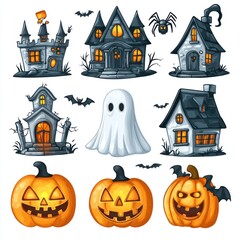 Fototapeta premium Whimsical 2D Cartoon Halloween Icons Set with Spiders, Jack-O-Lanterns, and Haunted Houses on White Background for Editing Fun