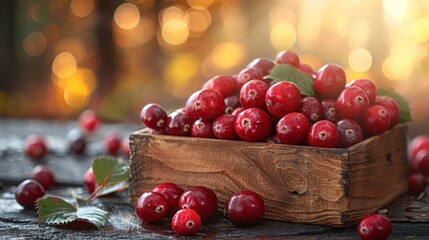 Fresh cranberries in a wooden crate, scattered on a rustic wooden table with a blurred background of bokeh lights.