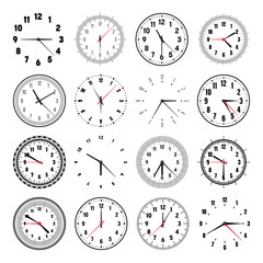 Mechanical clock faces with hands, bezel. Watch dial with minute, hour marks and numbers, arabic numerals. Timer or stopwatch element. Measuring circle scale with divisions. Vector illustration