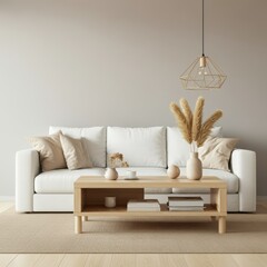 Minimalist living room interior, white sofa, wooden coffee table, pampas grass in vase, geometric pendant light, beige rug on wooden floor, white walls, modern scandinavian design