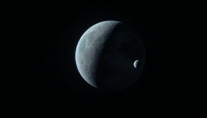Obraz premium A stunning view of a crescent moon illuminated by distant sunlight, with a smaller celestial body in close proximity, set against the dark, expansive backdrop of space.. AI Generation