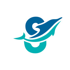 a logo combination of dolphins with letters, initials, numbers or alphabets with a blue base color for business purpose and other