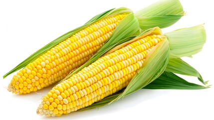 Close up view of fresh yellow corn cobs with green husks on a farm