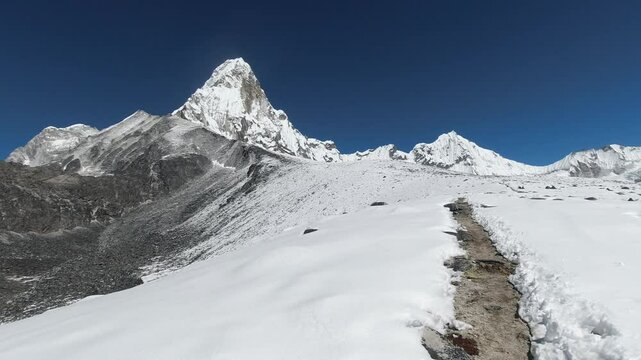 view of Nepal's Ama Dablam mountain in the Khumbu Himal valley in Sagarmatha National Park overlooking the Dudh Kosi valley leading toward the Lhotse base camps