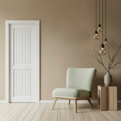 an interior design scene with minimalist style, a beige wall with white wooden door, a light green armchair on wooden floor, a wooden side table with vase and dried branches, pendant lamps hanging fro