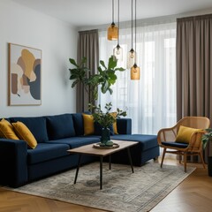 a cozy modern living room with navy blue sectional sofa, wooden coffee table, indoor plant, sheer curtains, abstract art on the wall, rattan accent chair with yellow throw pillows, hardwood floors, pe