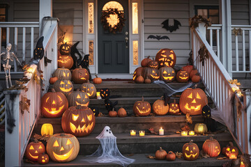 A charming Halloween scene featuring a collection of creatively carved pumpkins and spooky decorations arranged outside a cozy house