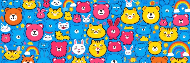 Colorful cartoon illustration of cute animal faces, ideal for posters, t-shirts, or children's room decor. Perfect for playful and imaginative themes.