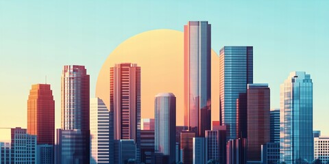 Fototapeta premium Bright modern city skyline silhouette against a radiant sky at sunrise new beautiful stock image illustration AI