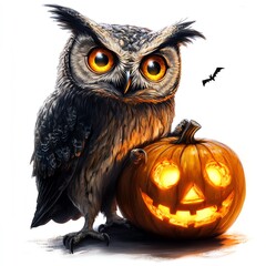 Fototapeta premium An owl holding a glowing pumpkin lantern, Halloween theme, dark and spooky, isolated on white background