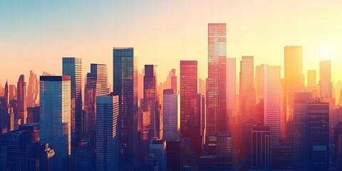 Fototapeta premium Bright modern city skyline silhouette against a radiant sky at sunrise new beautiful stock image illustration AI