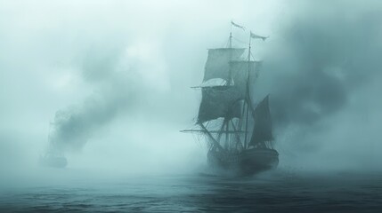 Obraz premium Phantom Ship Gliding Through Enigmatic Mist with Tattered Sails and Ghostly Crew in Haunting Scene