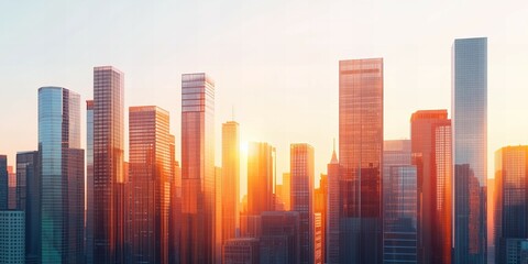Fototapeta premium Bright modern city skyline silhouette against a radiant sky at sunrise new beautiful stock image illustration AI