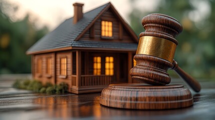 Wooden gavel next to miniature house on table, warm light. Real estate law and auction concept