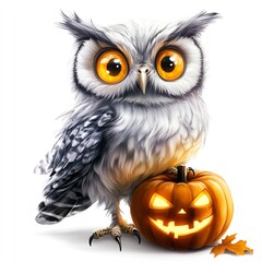 Fototapeta premium A ghost owl with a glowing jack-o'-lantern, Halloween theme, spooky and eerie, isolated on white background