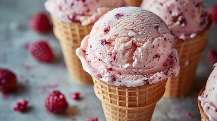 Closeup of three ice cream cones with pink raspberry ice cream and fresh raspberries on a gray surface.