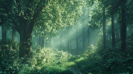 Fototapeta premium Enchanting Sunlit Forest Path Amid Lush Greenery and Towering Trees