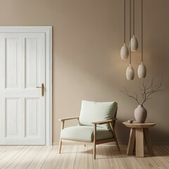 an interior design scene with minimalist style, a beige wall with white wooden door, a light green armchair on wooden floor, a wooden side table with vase and dried branches, pendant lamps hanging fro