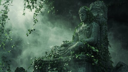 Lost Legacy: Ancient Deity Statue Shrouded in Ivy and Mist