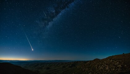 Fototapeta premium A stunning night sky showcases a bright meteor streaking across the stars, with the Milky Way's arc visible above a serene landscape. The scene captures the beauty and vastness of the universe.. AI