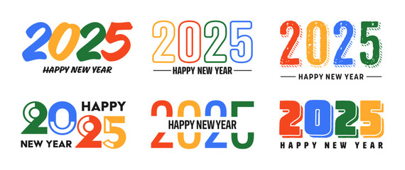 Set of 2025 Happy New Year greeting text designs. Christmas banner, poster, festive greeting card or seasonal promotion template. Collection of 2025 numbers with greetings. Vector illustration