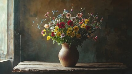 Vibrant Floral Bouquet in Vintage Ceramic Vase on Rustic Wooden Windowsill © Chalit