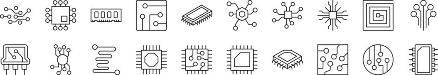 Chip and Scheme Outline Web Line Icons Collection. Editable Stroke. Minimalistic Linear Pictogram for Design of Cards, Apps, Banners, Posts