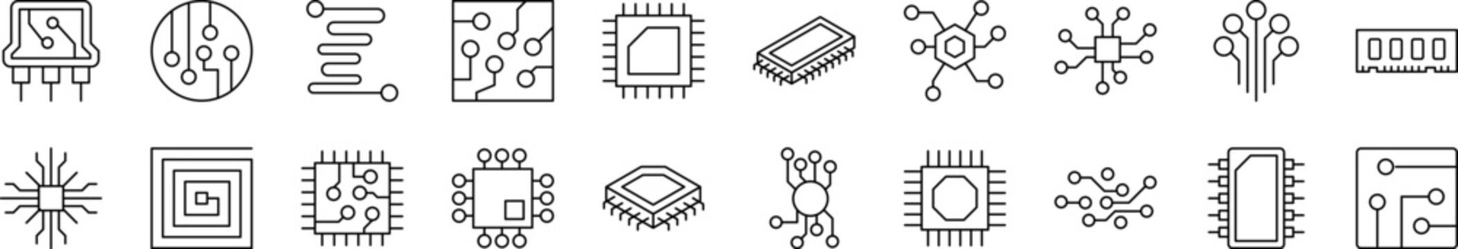 Collection of Line Icons of Chip and Scheme. Editable Stroke. Minimalistic Linear Pictogram for Design of Cards, Apps, Banners, Posts