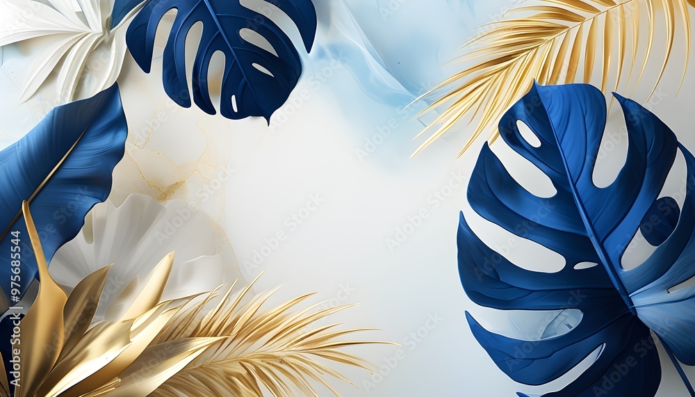 Wall mural tropical leaf abstract in blue, white, and gold tones