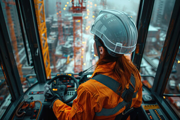 crane operator in the cabin of a tower crane.