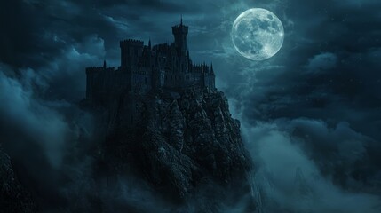 Naklejka premium Enigmatic Medieval Castle Silhouetted Against Full Moon on Cliff Edge - Fantasy Gothic Architecture with Eerie Atmosphere