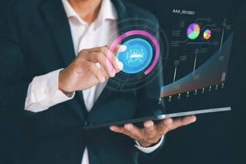 Artificial intelligence technology, man experiences virtual conversation with intelligent AI asking for the answers he wants, intelligent assistant of the future
