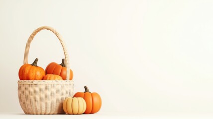 Fall harvest basket, filled with pumpkins and gourds, 3D illustration, copy space for text,