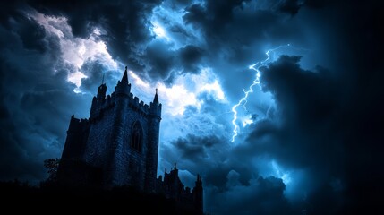 Secrets Unveiled: Dark Castle Tower Silhouetted in Stormy Sky with Revealing Lightning Flashes