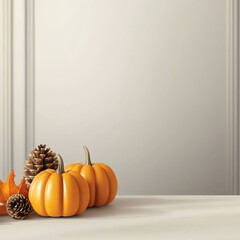 Pumpkin decorations, arranged on a festive table, 3D illustration, copy space for text,