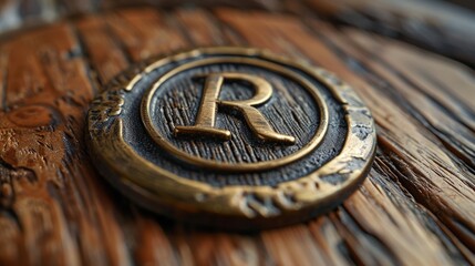 Close-up of a brass letter "R" on a wooden surface.