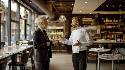 businessman talking with chef in the restaurant