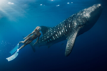 Freediver woman swims underwater with whale shark in blue ocean. Snorkeling girl and shark underwater © artifirsov