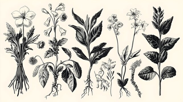 Vintage Botanical of Diverse Wild Flowers and Herbs