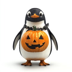 Obraz premium A Halloween penguin wearing a jack-o'-lantern costume, festive and spooky, isolated on white background