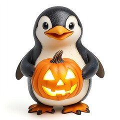 Obraz premium A penguin holding a glowing jack-o'-lantern, Halloween theme, festive and cute, isolated on white background
