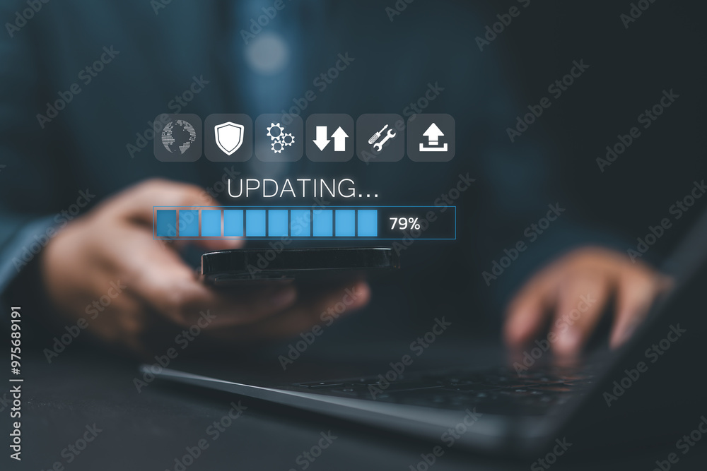 Poster Update software application upgrade technology concept. Man using smart phone, Software update or Operating system, updating progress bar, Install app patch, new version, Improved security,