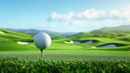 Golf banner. Golf ball on the tee in a beautiful green landscape